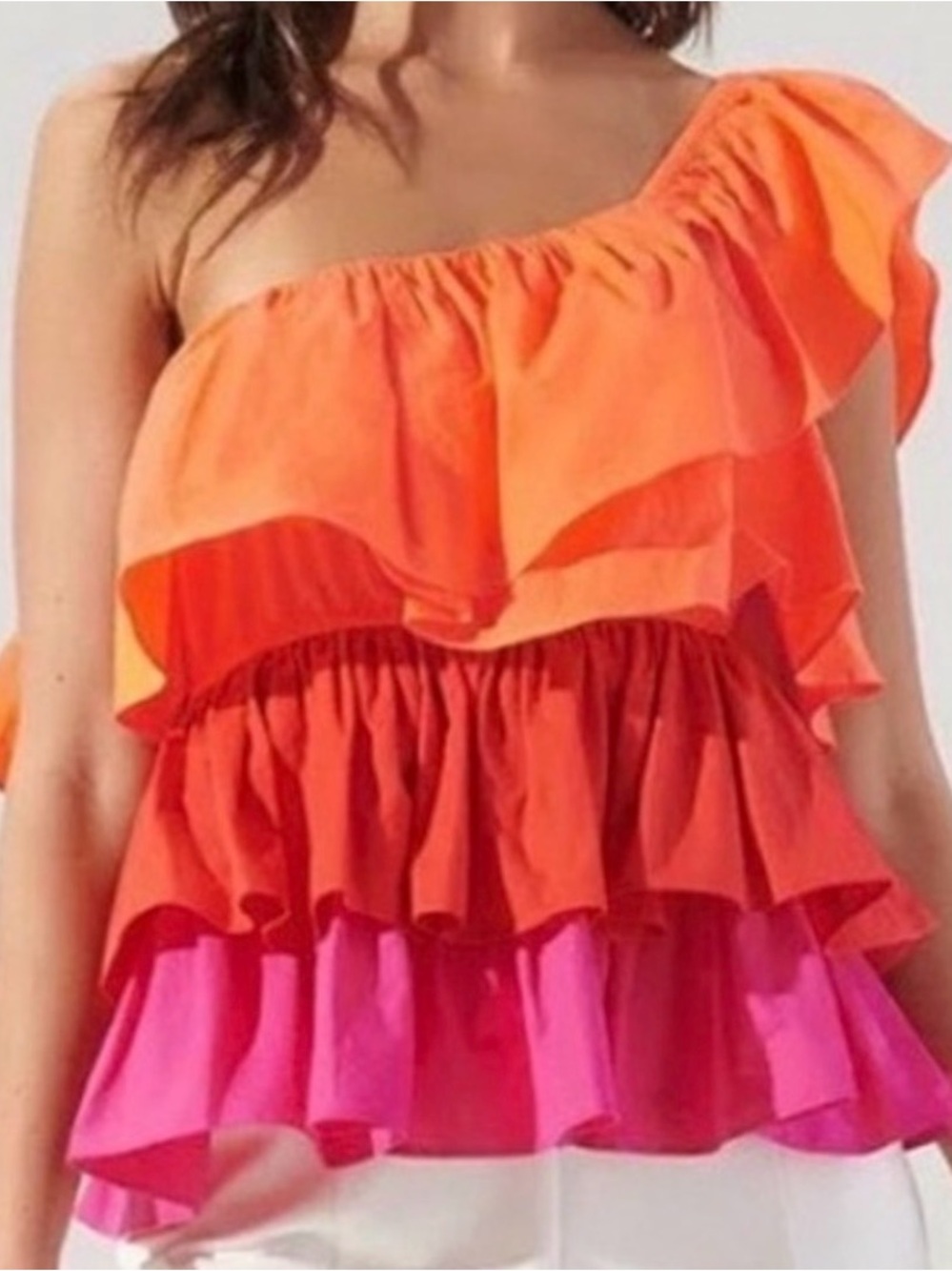 Sugarlips One-Shoulder Ruffle Tiered Crop Top in Orange and Pink